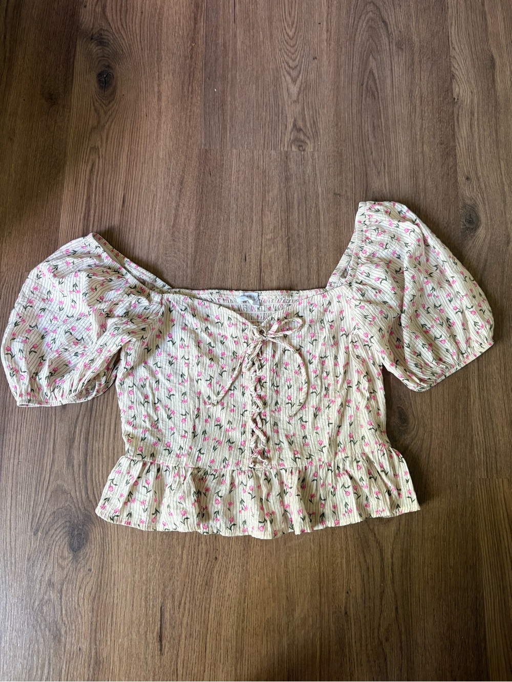 Sienna Sky Yellow Floral Off Shoulder Crop Top with Pink Flowers Lace up front